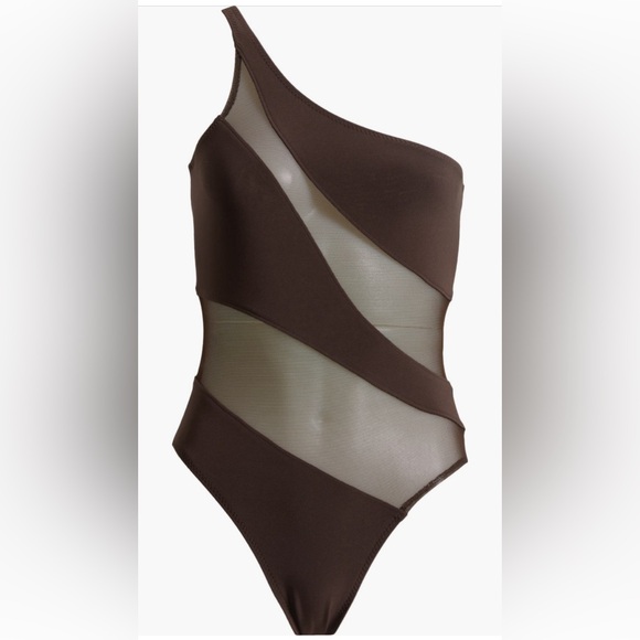 Norma Kamali Snake Mesh One-Shoulder Swimsuit,Chocolate/Chocolate Mesh, L, $245 - Picture 6 of 11